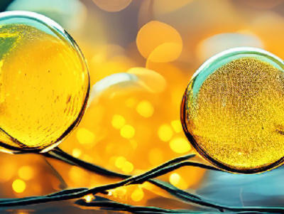 Clear spheres in the foreground appear in front of a brightly lit and blurry background; depicting metabolism and metabolomics