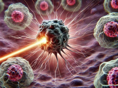 An image of cells; at the center, one cell appears to be blasted by a beam of light, to demonstrate it has been targeted for destruction.