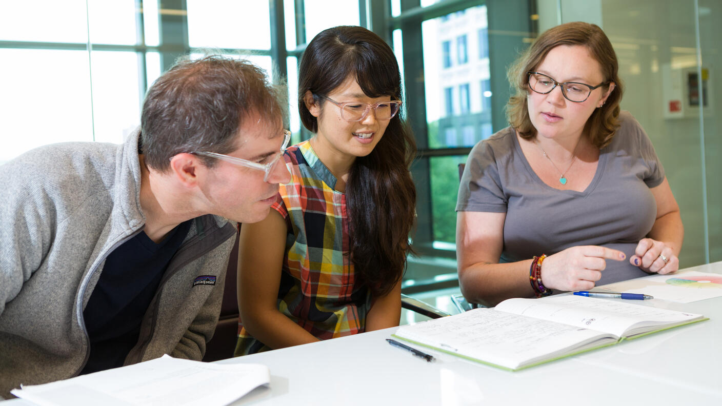 Two mentors and a trainee discussing data