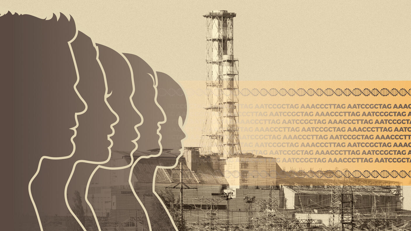 Silhouettes of adults and children and DNA code over a photo of the Chornobyl nuclear power plant. 