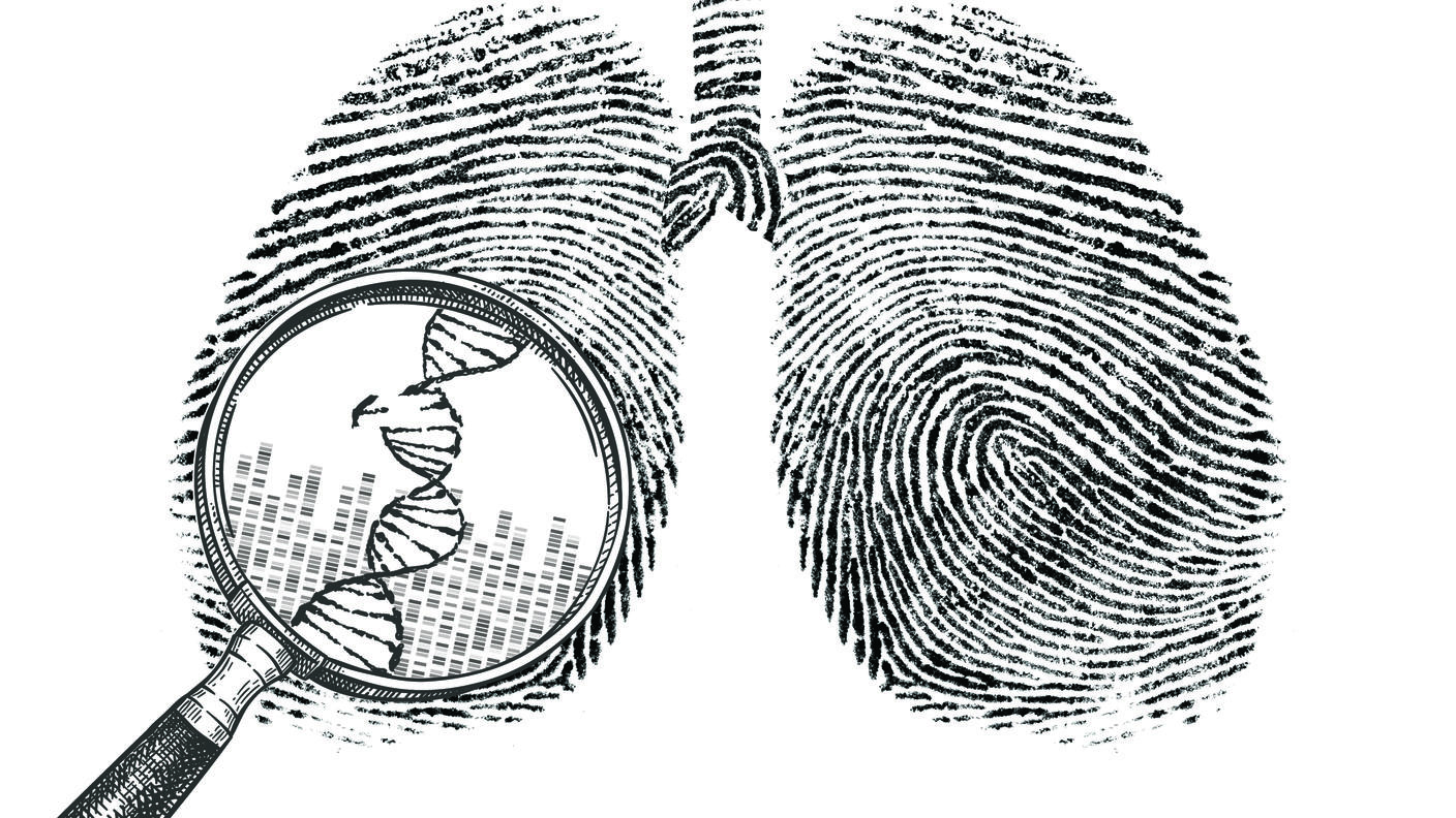 art showing a human lung made out of fingerprints with magnifying glass, which reveals DNA