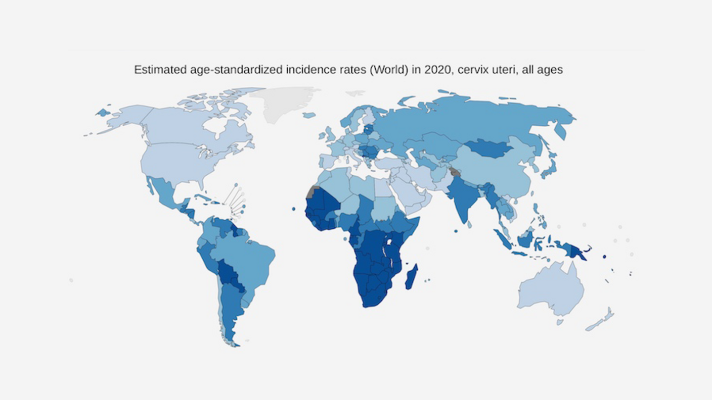 World map of estimated age-standardized incidence rates in 2020 of cervix uteri, all ages