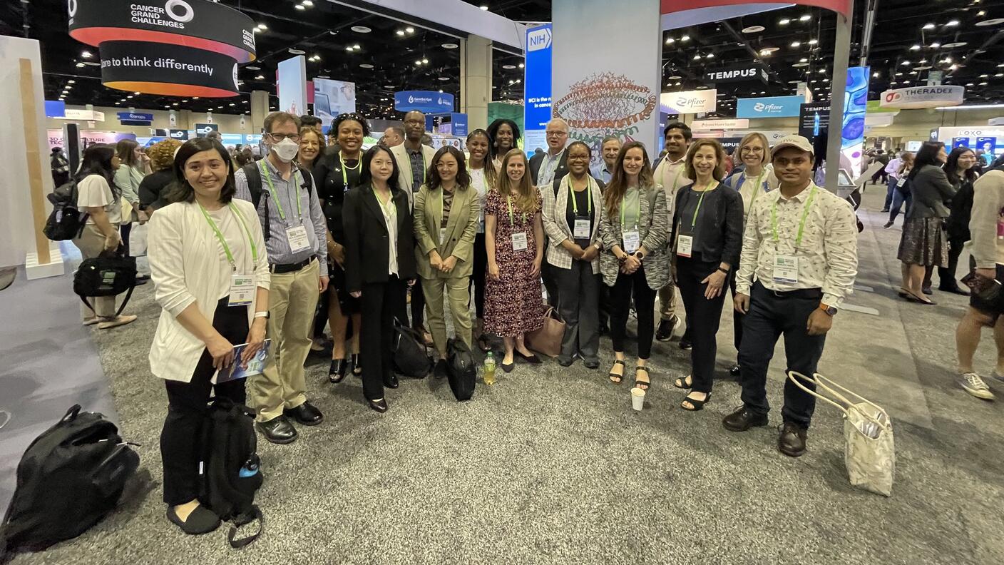 DCEG Group photo at AACR in 2023. From left to right: Daniela Gutierrez Torres, Neal D. Freedman, Jennifer Loukissas, Courtney Dill, Jungeun Lim, Wayne Lawrence, Jongeun Rhee, Brittany Lord, Dominiqua Griffin, Meredith Shiels, Stephen Chanock, Francine Baker, Doug Lowy, Betel Blechter, Rohit Thakur, Jackie Lavigne, Patricia Erickson, and Monjoy Saha.