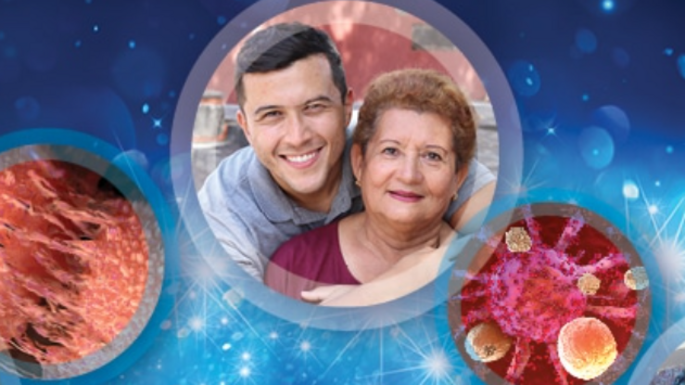 AACR Annual Meeting 2023 April 14-19, 2023 Orange County Convention Center, Orlando, Florida. Below the text appears a son and mother framed in a circle as well as other images from under a microscope in a collage layout.