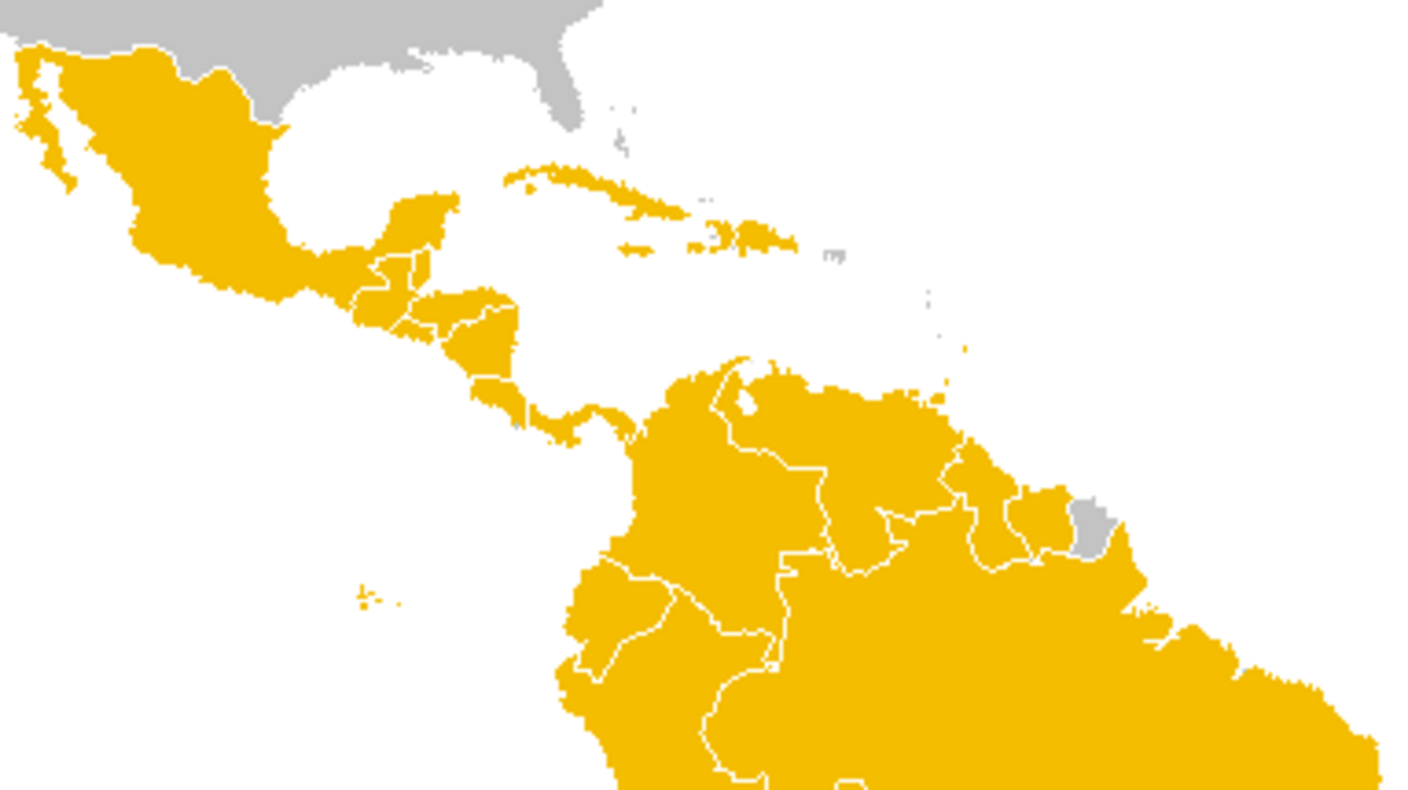 Map of Latin America. Latin American countries in yellow and other countries in grey.