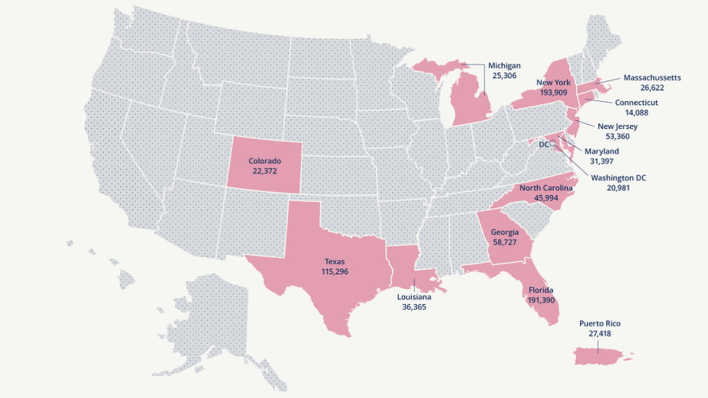 Map of the regions and the numbers of people with HIV that participate in the HIV/AIDS Cancer Match Study.