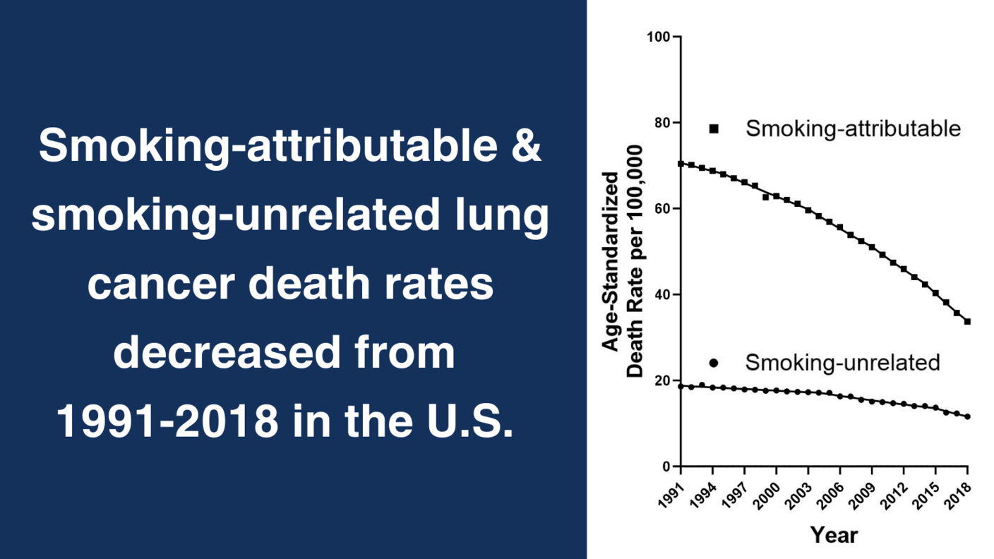 Smoking-attributable and smoking-unrelated lung cancer death rates decreased from 1991-2018 in the U.S. A graph shows the steeper decrease in the age-standardized death rate per 100,000 for smoking-attributable lung cancer than for smoking-unrelated lung cancer.&nbsp;