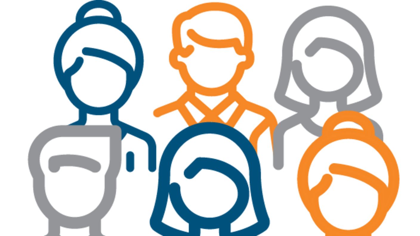Icon line drawing of a diverse team of six; diversity represented with the use of three colors: blue, gold, and gray.