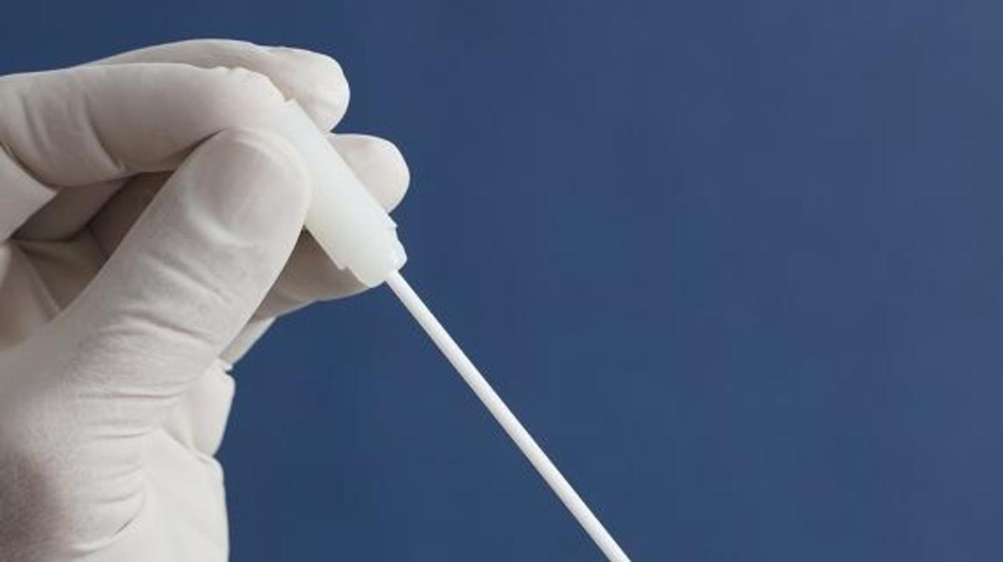 Gloved hand holding a medical swab
