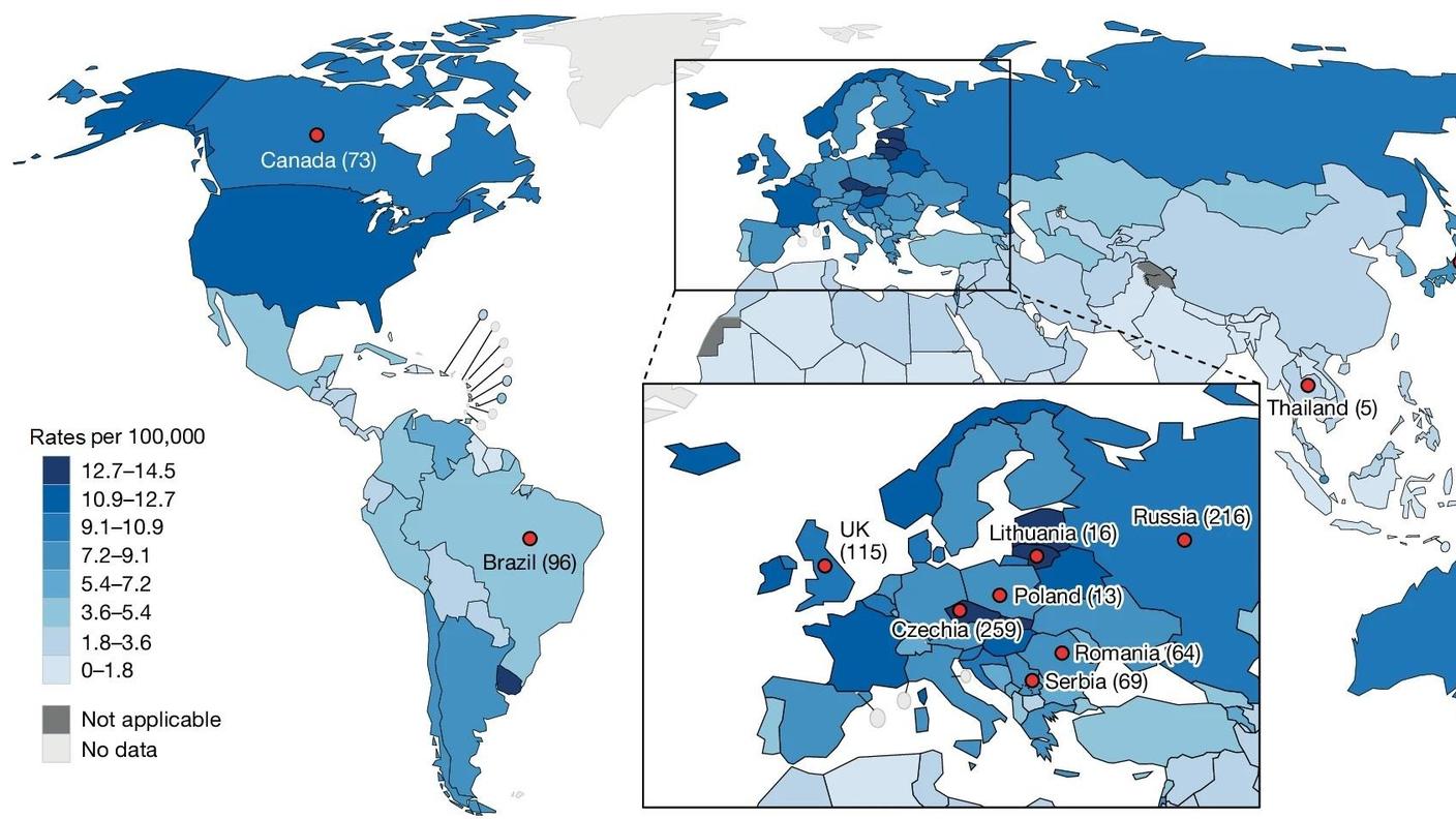A map of the world showing rates of kidney cancer by country. The highest rates are in Lithuania, Czechia, and Uruguay.