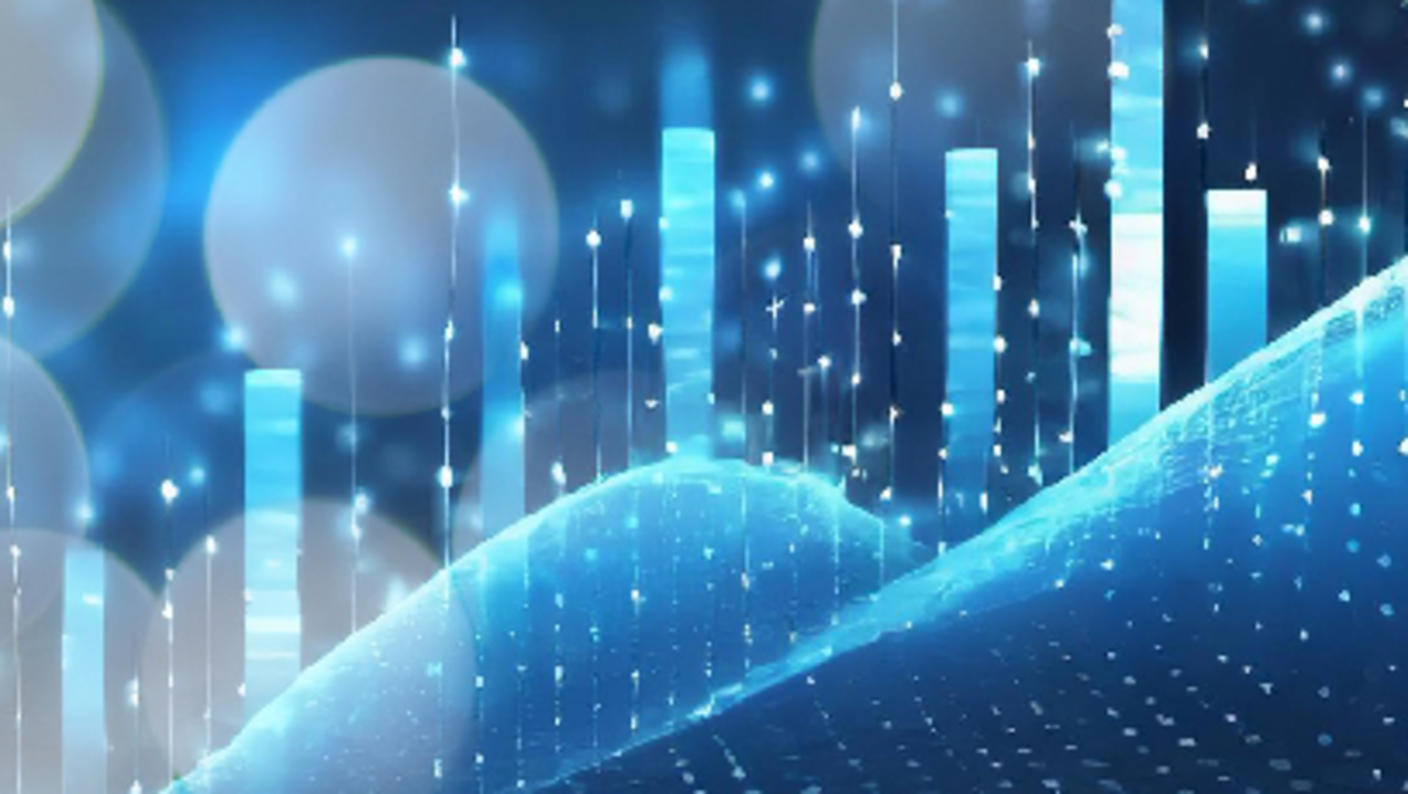 Glowing, light blue statistical trendlines and vertical bars as seen on charts and graphs are placed in front of a dark blue and burred background