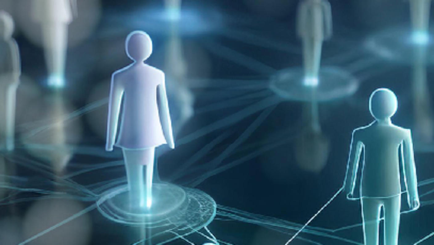 Three-dimensional and simplified female, male, and juvenile human figures connected by lines and spheres on a blue background