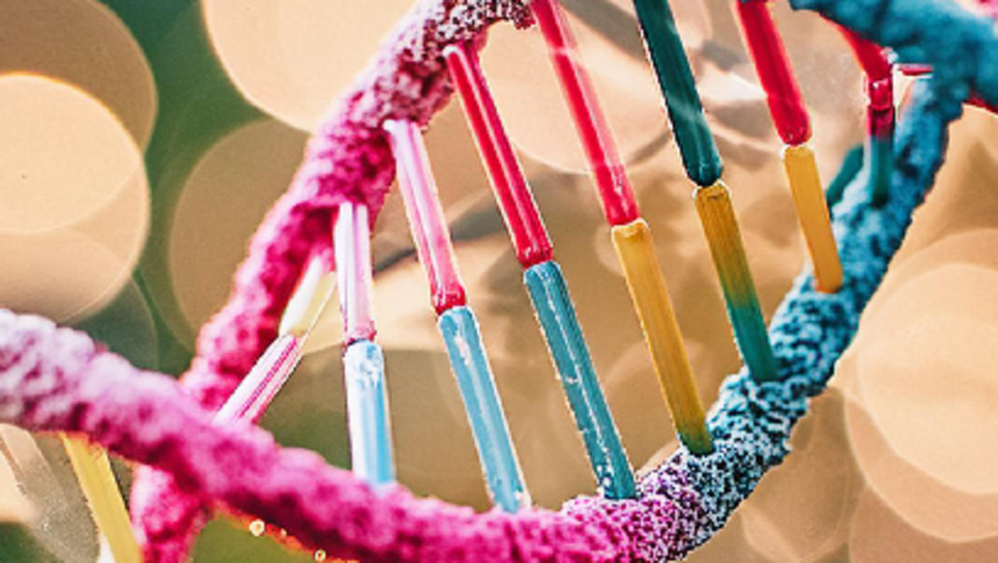 3D, blue and pink rendering of a double helix DNA strand with on a bright background