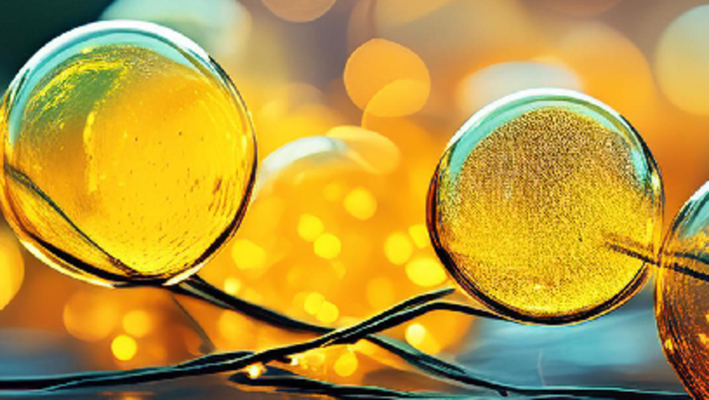 Clear spheres in the foreground appear in front of a brightly lit and blurry background; depicting metabolism and metabolomics