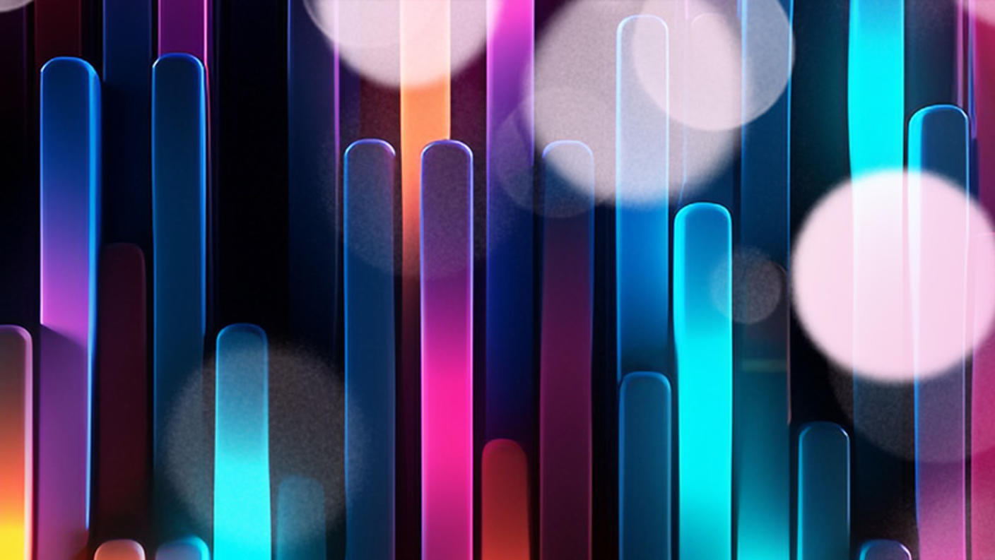 abstract image of different colored bars on black background, layered with bubble-effect images