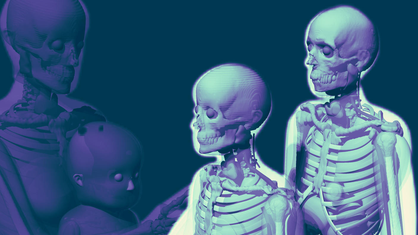 A composite image of two sets of phantoms. On the left is a mother holding her child. The opacity is very low and the image is colored medium to dark purple. On the right is a set of female and male phantoms, with visible bones and an outline of where the body would be. They are colored light green, teal, and purple.