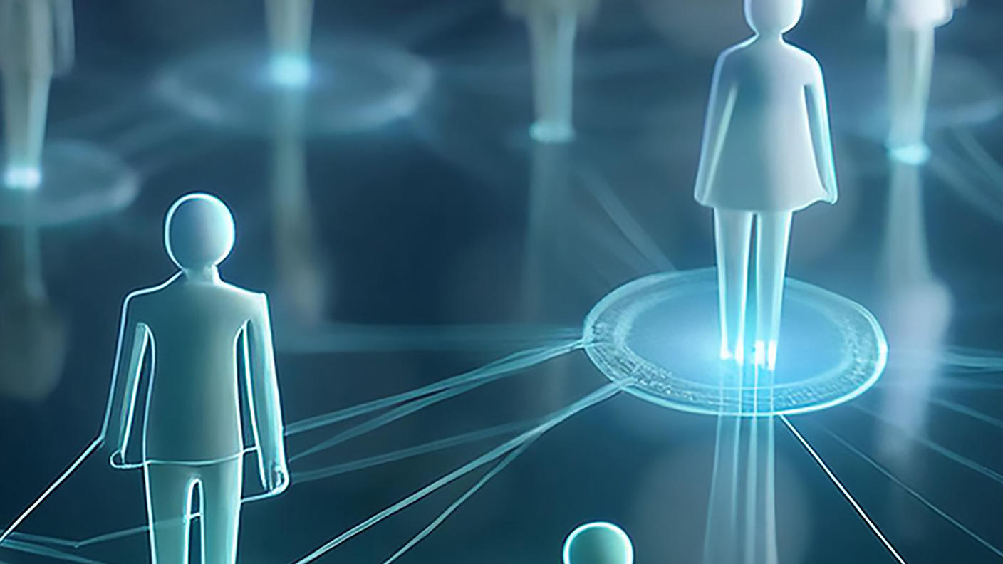 A computer generated image of 3d people icons (both male and female) spread out and standing on a dark blue field. The people icons are standing on glowing circles colored light blue below their feet, and the various circles are connected by light blue lines. The image is meant to convey connections between people.