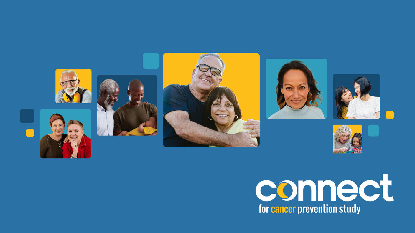 A grid of people of different ages and backgrounds contained within rounded squares colored light blue, yellow, and dark blue in a grid formation. The images include an elderly couple hugging, a grandfather smiling and looking as his son holds his grandson, and an adult woman with brown hair wearing a wet suit. In the right corner, the Connect for Cancer Prevention Study is mostly white with some yellow highlights.