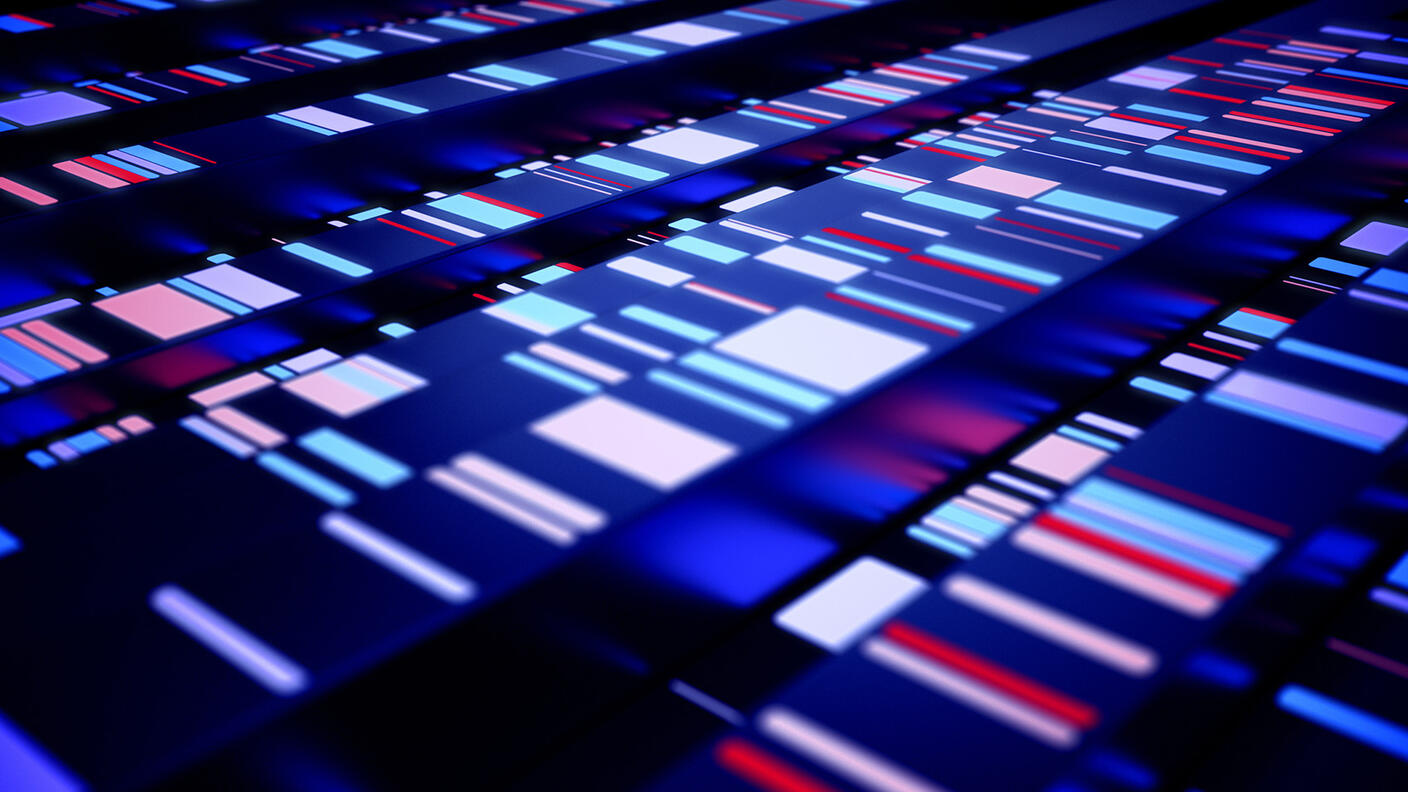 A perspective view of genetic sequences comprised of squares and lines of various widths and colors. The overall image is dark with the sequence shapes comprised of blues, pinks, and reds of various hues. 
