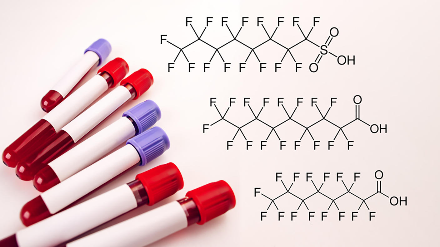 A composite image which shows seven blood vials on the left with red and purple caps and blank labels on the left and three PFAS chemical bonds (PFOS, PFNA, and PFOA) on the right.