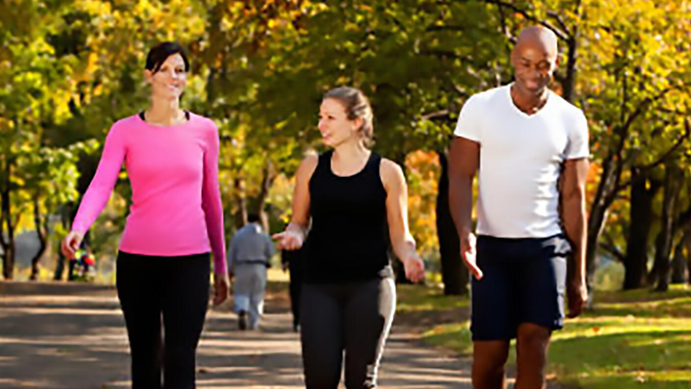 Three adults - two women and one man - dressed in casual clothing walk in a row outside. The woman in the middle is in mid-conversation with the woman next to her. Everyone is smiling. They walk on a paved pathway; in the background, green trees with yellow leaves can be seen. The shadows on the ground indicate a tree-filled park on a sunny day.