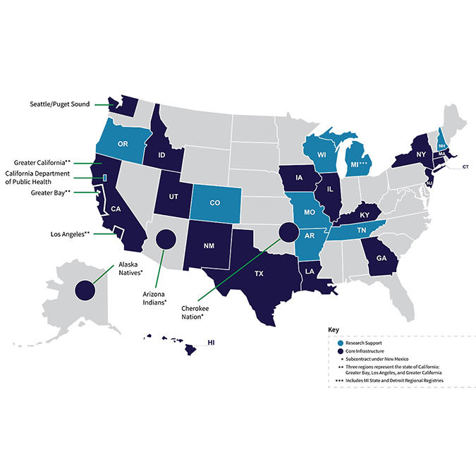 United States map of SEER cancer registries