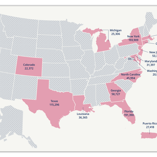 Map of the regions and the numbers of people with HIV that participate in the HIV/AIDS Cancer Match Study.