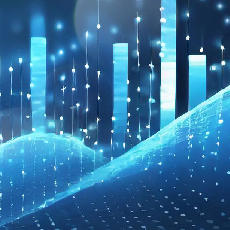 Glowing, light blue statistical trendlines and vertical bars as seen on charts and graphs are placed in front of a dark blue and burred background