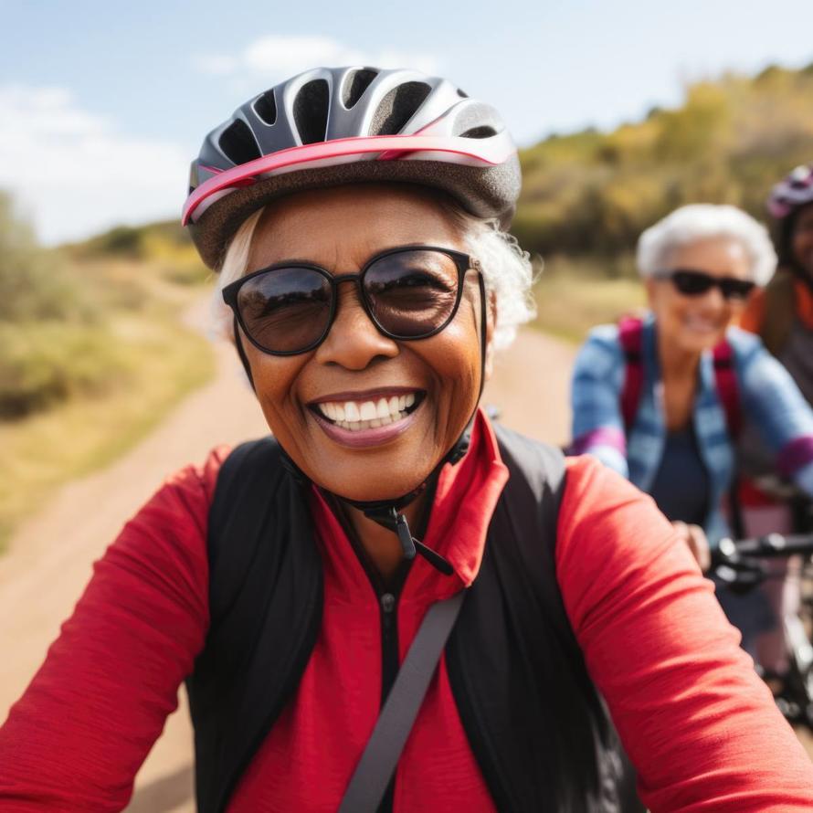 Portrait of happy senior woman in cycling helmet riding outdoors.