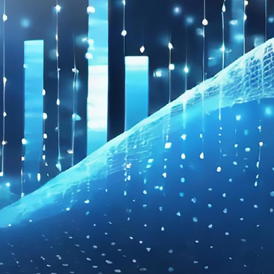 A computer generated image with peaks made of a mesh texture while bar chart bars in the background get higher and higher, while a white circular bokeh effect sits in the middle of the image. The graphic is colored in mostly medium and dark blues with black shadows and white highlights.