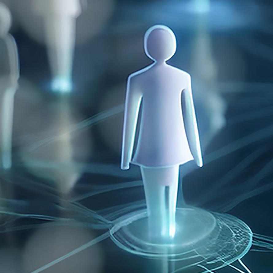 A computer generated image of 3d people icons (both male and female) spread out and standing on a dark blue field. The people icons are standing on glowing circles colored light blue below their feet, and the various circles are connected by light blue lines. The image is meant to convey connections between people.