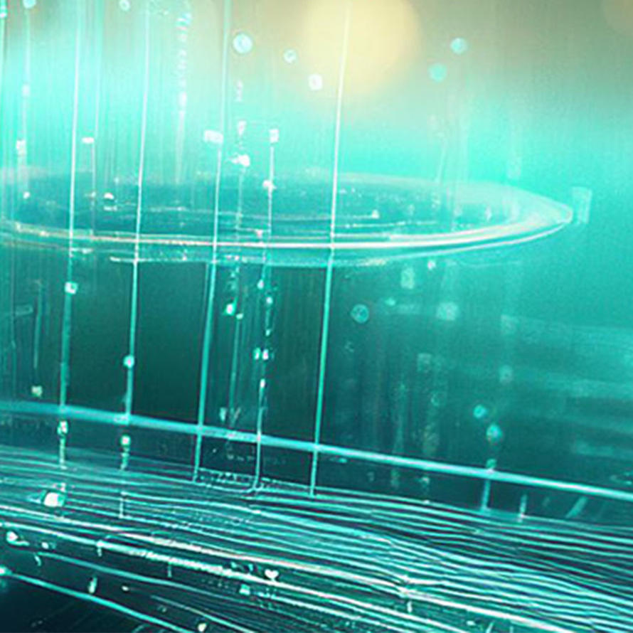 A computer generated image of flat circular planes, colored light blue, teal and white, floating above lines of similar colors going towards the horizon. Horizontal teal lines show upward movement. The horizon is dark with yellow bokeh circles. The image is a conceptual illustration of large data sets.