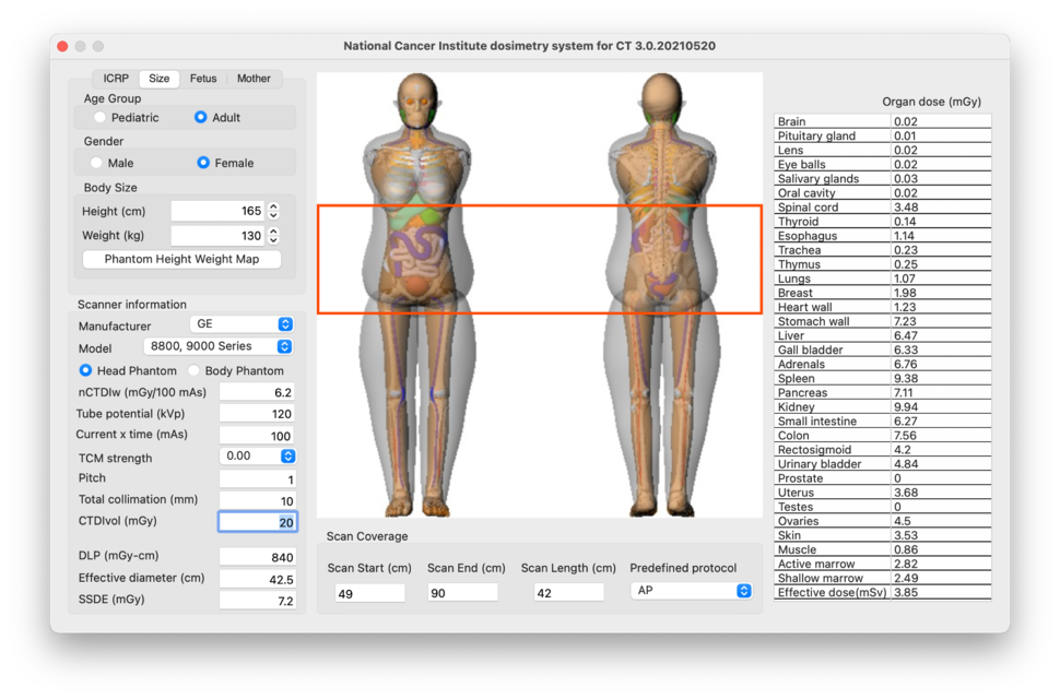 Screenshot of NCICT graphical user interface - two views of a body in the middle, GUI options on either side