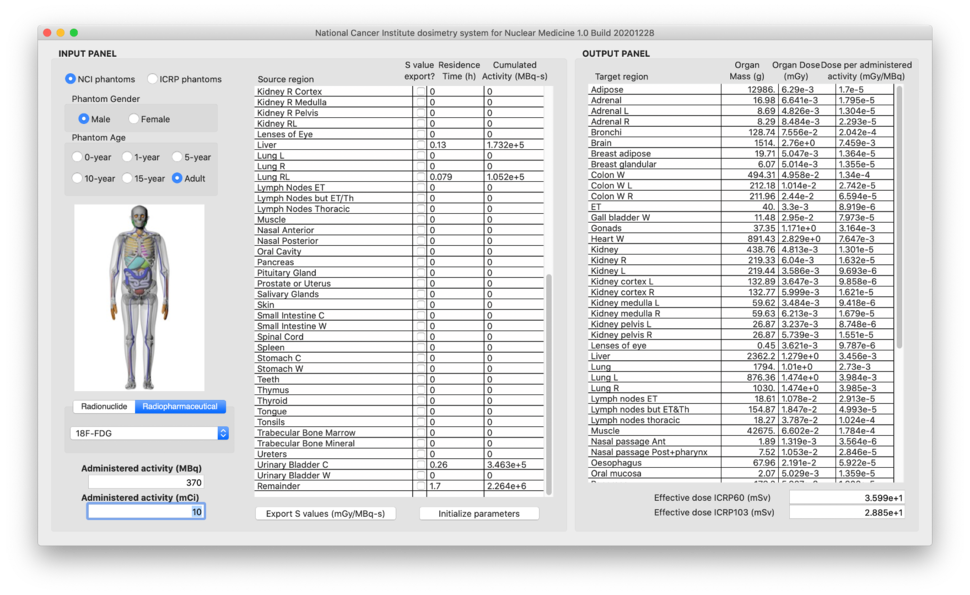 Screenshot of NCINM graphic user interface - image of a human body with list of variables