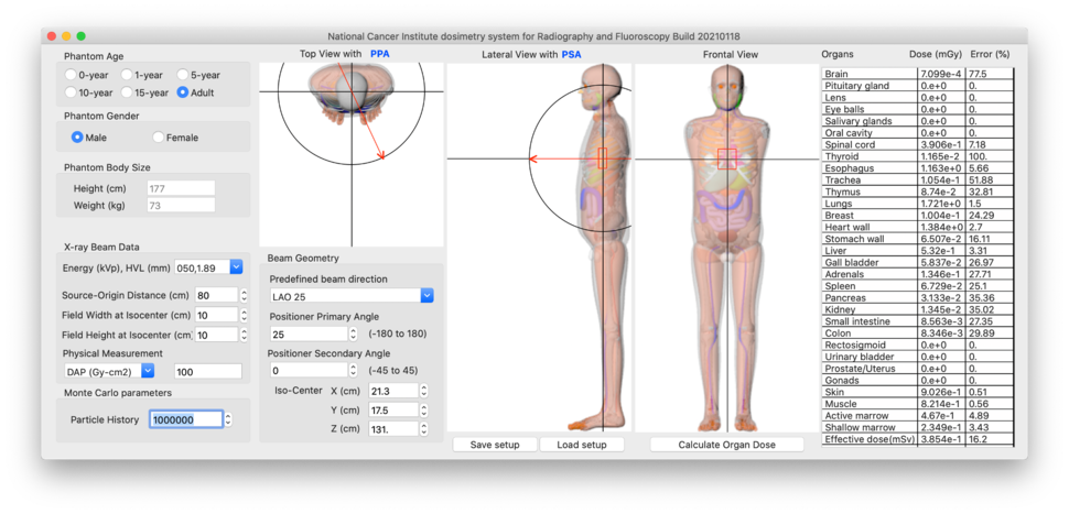 Screenshot of NCIRF graphic user interface - image of a human body with list of variables