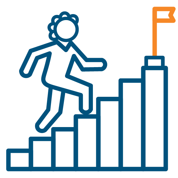 Icon of a person going up stairs toward a goal.