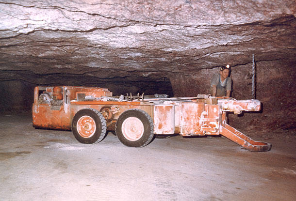 A roof bolter machine, one type of diesel-powered equipment that is used in mines.