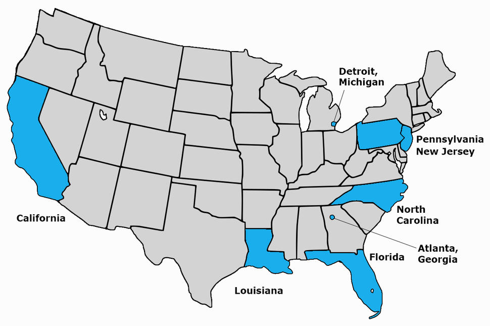 Graphic of the U.S. map highlighting the regions included in the NIH-AARP study: Six states-California, Florida, Louisiana, New Jersey, North Carolina, and Pennsylvania, and two metropolitan areas- Atlanta, Georgia, and Detroit, Michigan) 