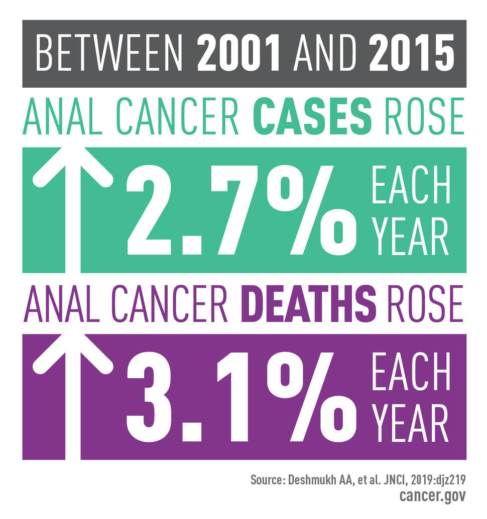 Factoid describing: Between 2001 and 2015, anal cancer cases rose 2.7% each year and anal cancer deaths rose 3.1% each year.