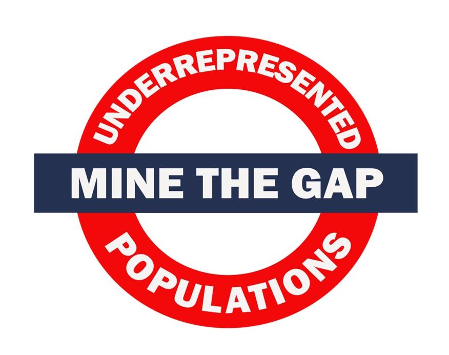 Logo of 2020 Fellows Symposium with the words "mine the gap" encircled by the words "underrepresented populations"
