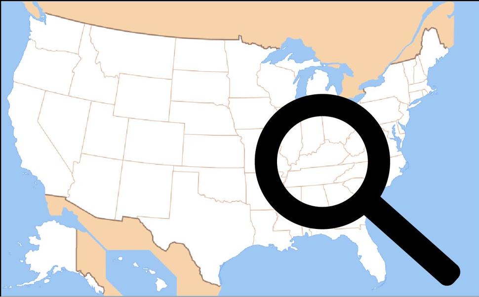 Map of the United States of America overlayed with a magnifying glass