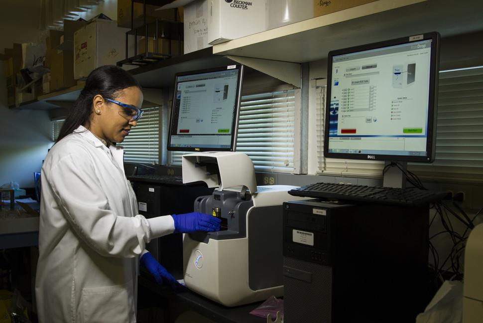 A technician loads samples into a digital Polymerase Chain Reaction machine.