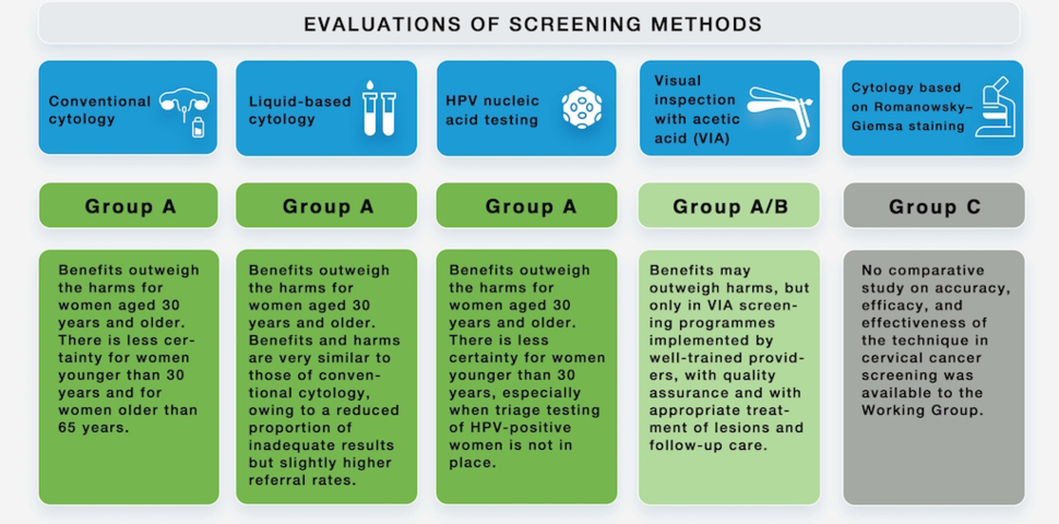 Chart titled Evaluations of Screening Methods with 5 methods listed: conventional cytology, liquid-based cytology, HPV nucleic acid testing, visual inspection with acetic acid (VIA), and cytology based on Romanowsky-Giemsa staining
