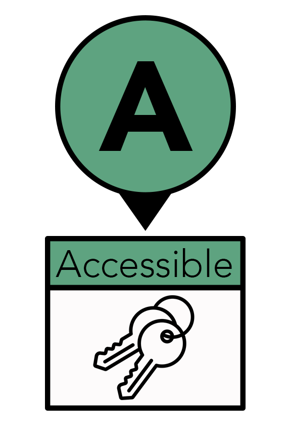 An A in a green circle above a box which reads Accessible above two keys on a key ring.