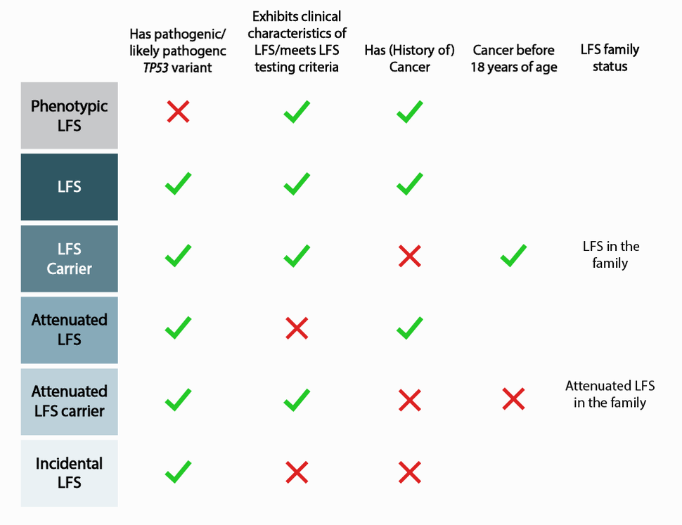 A table describing characteristics of phenotypic LFS, LFS, LFS carrier, Attenuated LFS, Attenuated LFS carrier, and Incidental LFS. 