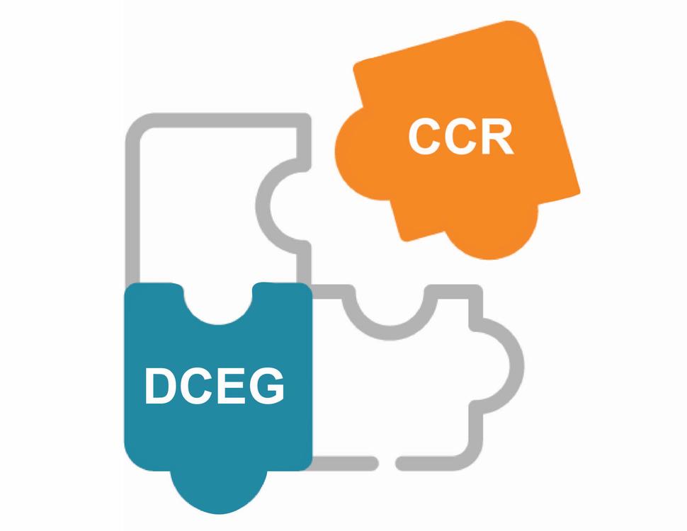A four piece puzzle has a blue piece labeled DCEG and an orange piece labeled CCR.