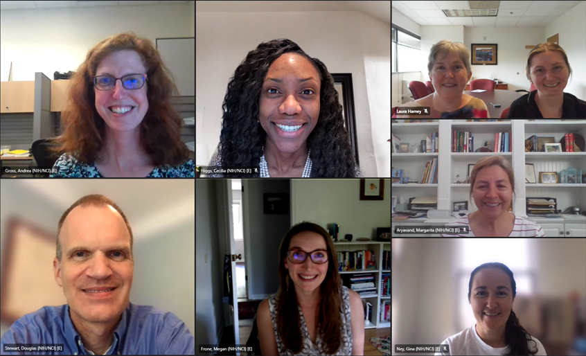 Screen shot of 8 people's faces during a virtual team meeting.