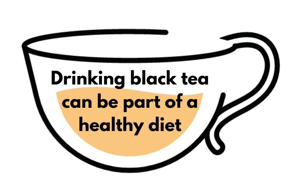 Image of a computer-illustrated tea cup with the following overlay text written: Drinking black tea can be part of a healthy diet.