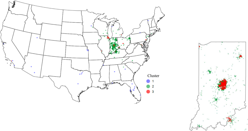 Heat map of the United States, with a concentrated cluster in Indiana.