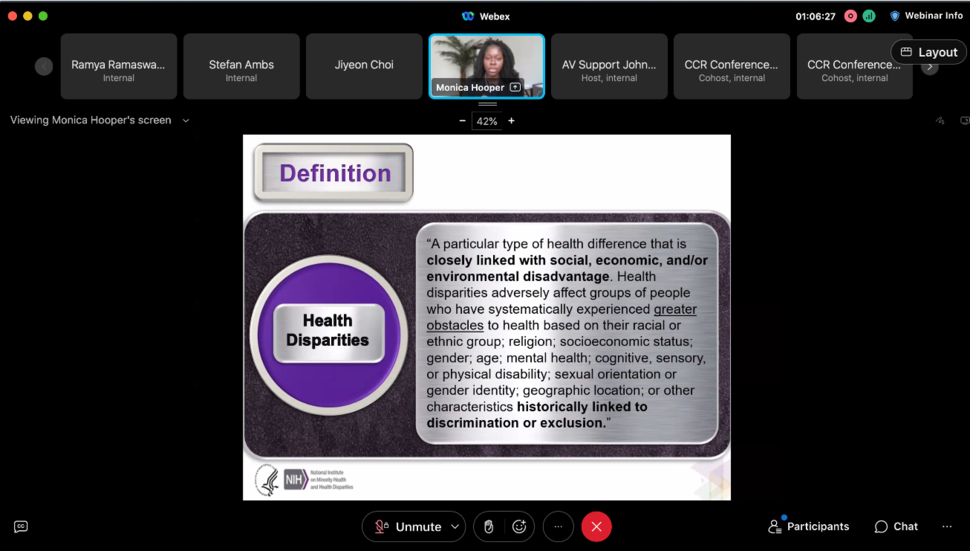 Zoom slide image showing a definition of health disparities 